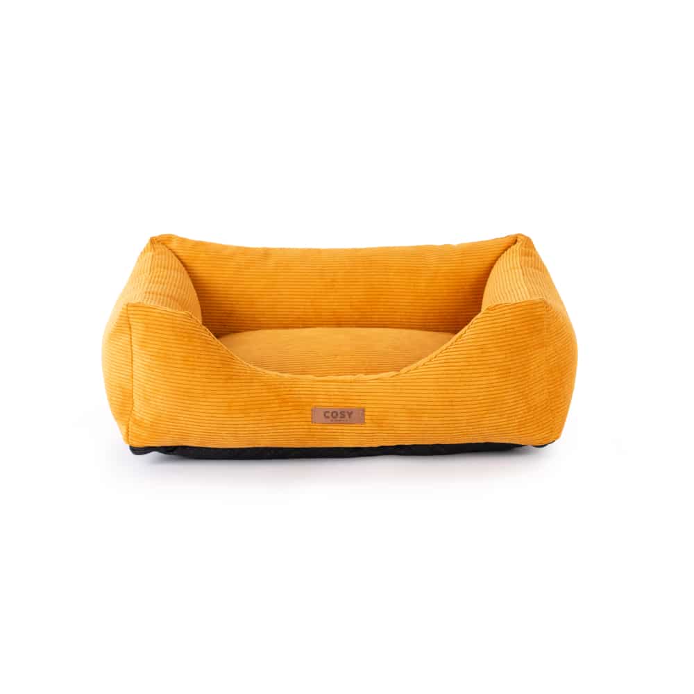 Hundeseng-mustard-velour-Couch-bed-COSY-set-forfra